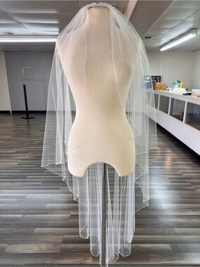 Bridal Veil with Beaded Edging in Clear Crystals - Ivory